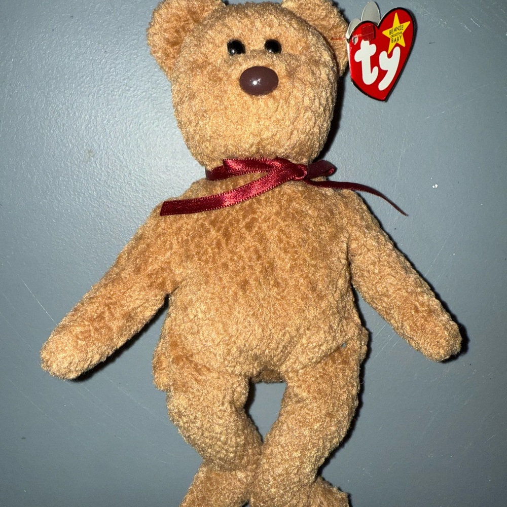 Ty Tan Teddy Bear with Red Ribbon